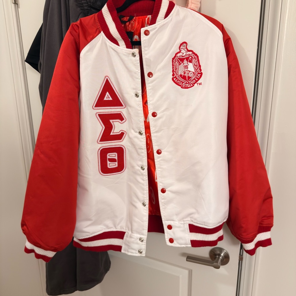 Red and White Delta Sigma Theta Varsity Jacket